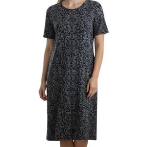 Lands End Size Large Black and Gray Short Sleeve Velvet Flocked Fit Flare Dress